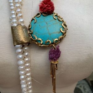 Unique Necklace Statement Bolo Bolero Slide Faux Pearls Turquoise